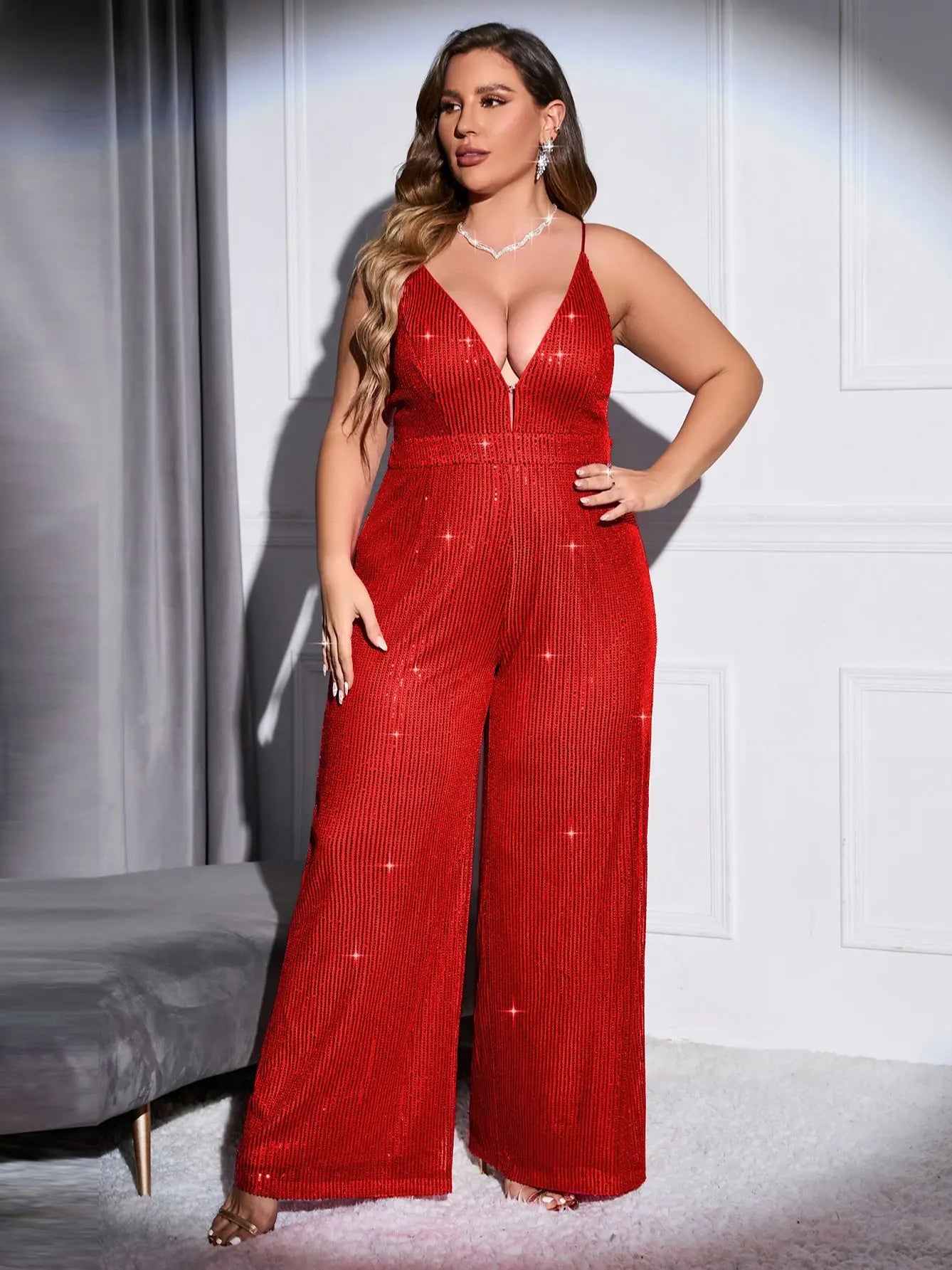 Cinemore 2023 Chic and Elegant Women Jumpsuit Plus Size Sequin Wide Leg trousers Deep V Neck Sexy Cami dresses for Prom Bodysuit - Premium  from Lizard Vigilante - Just $61.99! Shop now at Lizard Vigilante