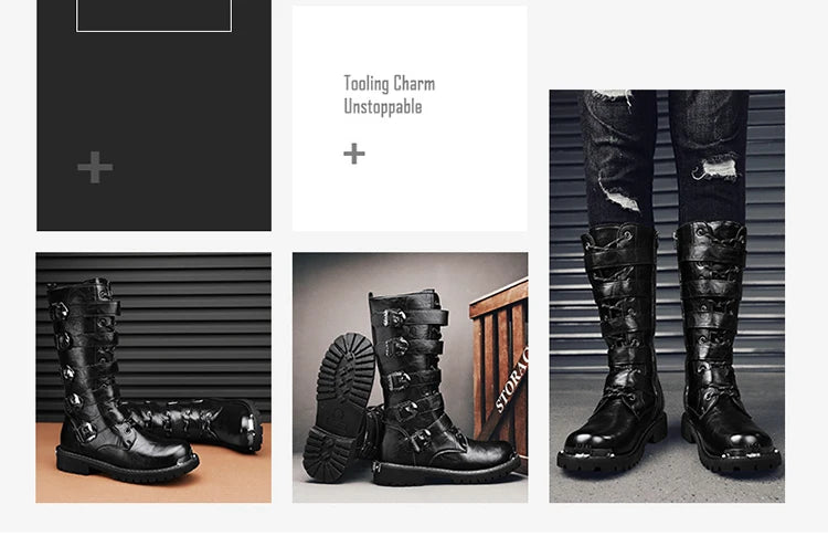 DEADFUEL BLACKOUT: Men’s Mid-Calf Leather Motorcycle Boots with Zip Buckle – Streetwear Punk Cowboy Tool Boots for Winter Chaos - Premium boots from dsers - Just $135.99! Shop now at Lizard Vigilante