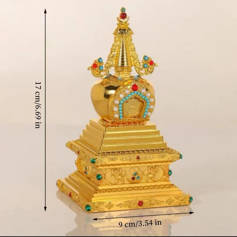 Buddha Statue Pagoda,Engraving Inlaid Gem Tibetan Alloy Double-Layer Tower,Altars Stupa,Buddhist Item Religious Decorative