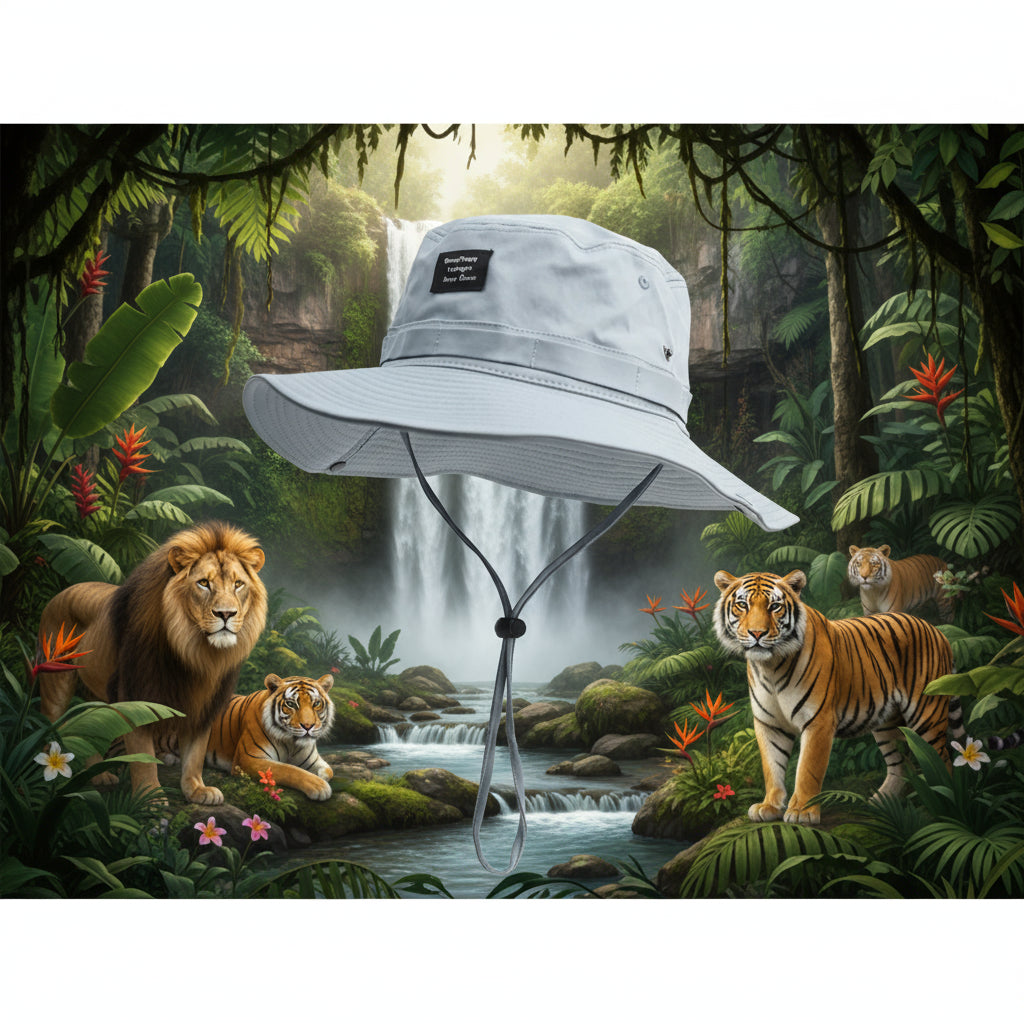 Light gray wide-brimmed hat with a strap on a white background

