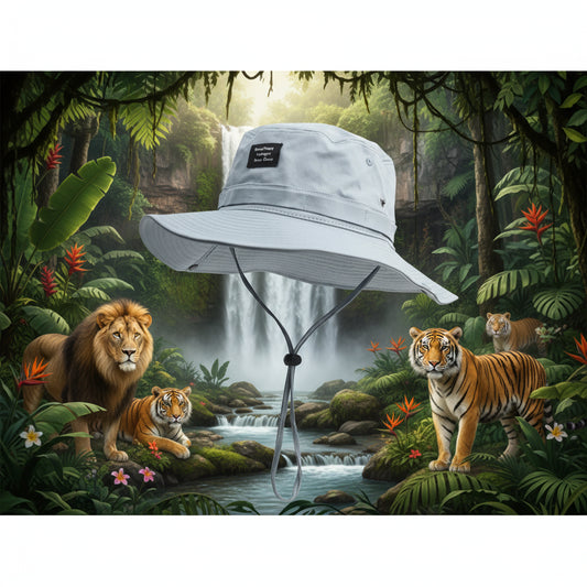 Light gray wide-brimmed hat with a strap on a white background

