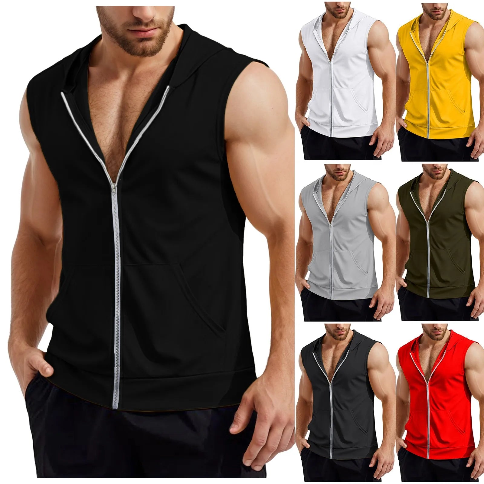 Lizard Vigilante Men's Workout Hooded Tank Tops - Zip-Up Sleeveless Gym Shirt Muscle T-Shirt for Bodybuilding, Summer Casual Vest - Premium Hoodie from Lizard Vigilante - Just $29.99! Shop now at Lizard Vigilante