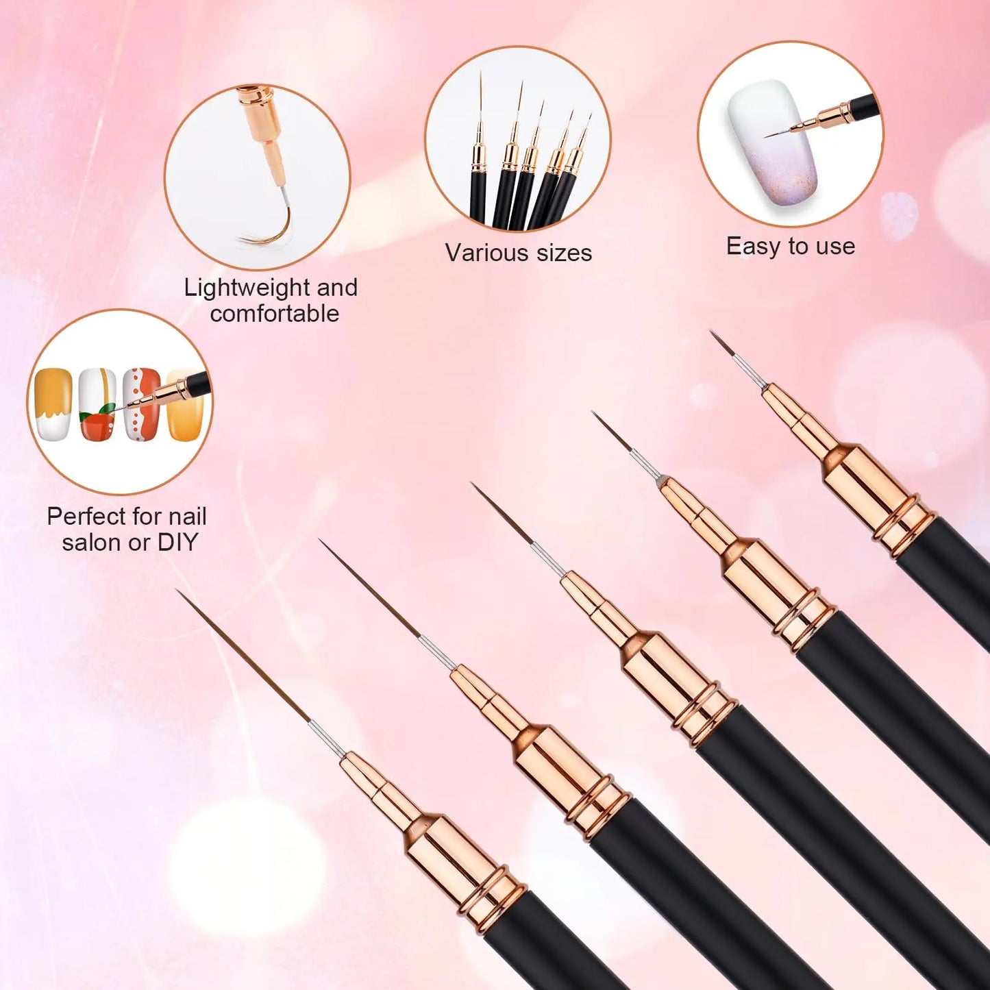 5Pcs Professional Nail Paint Liner Brush Set Small Polish Design Technique Fine Line Stripe Brushes for Nail Art Detailing