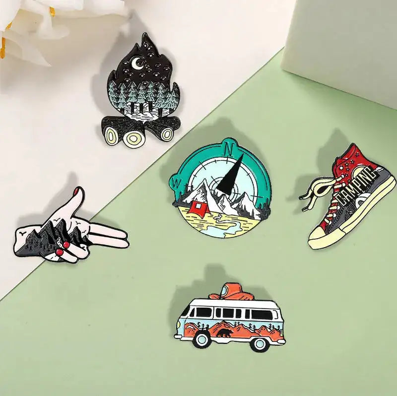 Camping Life Enamel Pin Outdoor Compass Canvas Shoe Bonfire Tent Motorhome Brooches Bag Lapel Pin Badge Jewelry Gift for Friends
