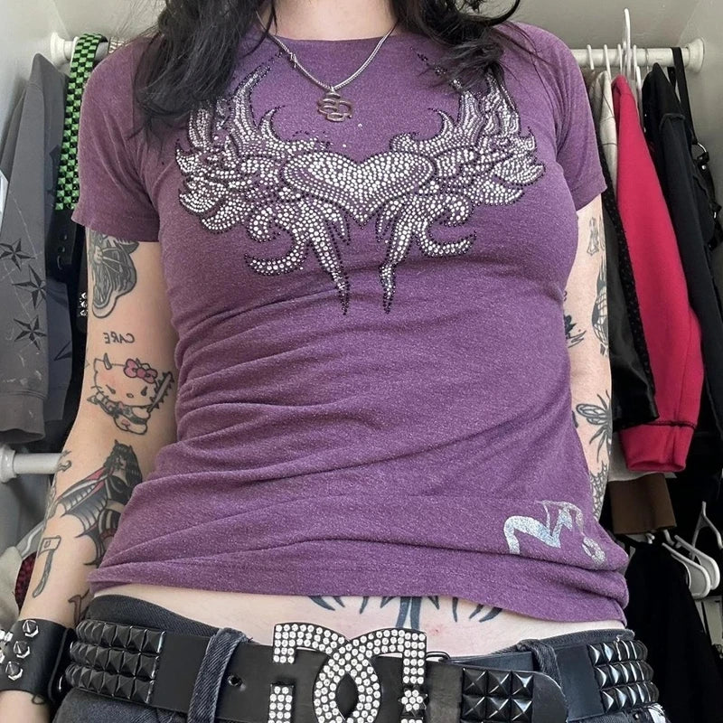 2000s Aesthetic Mall Goth E-girl Gothic T-shirt Retro Y2K Grunge Skull Wing Crop Tops Indie Graphic Print Short Sleeve Tee Women - Premium T-Shirt from Lizard Vigilante - Just $29.99! Shop now at Lizard Vigilante