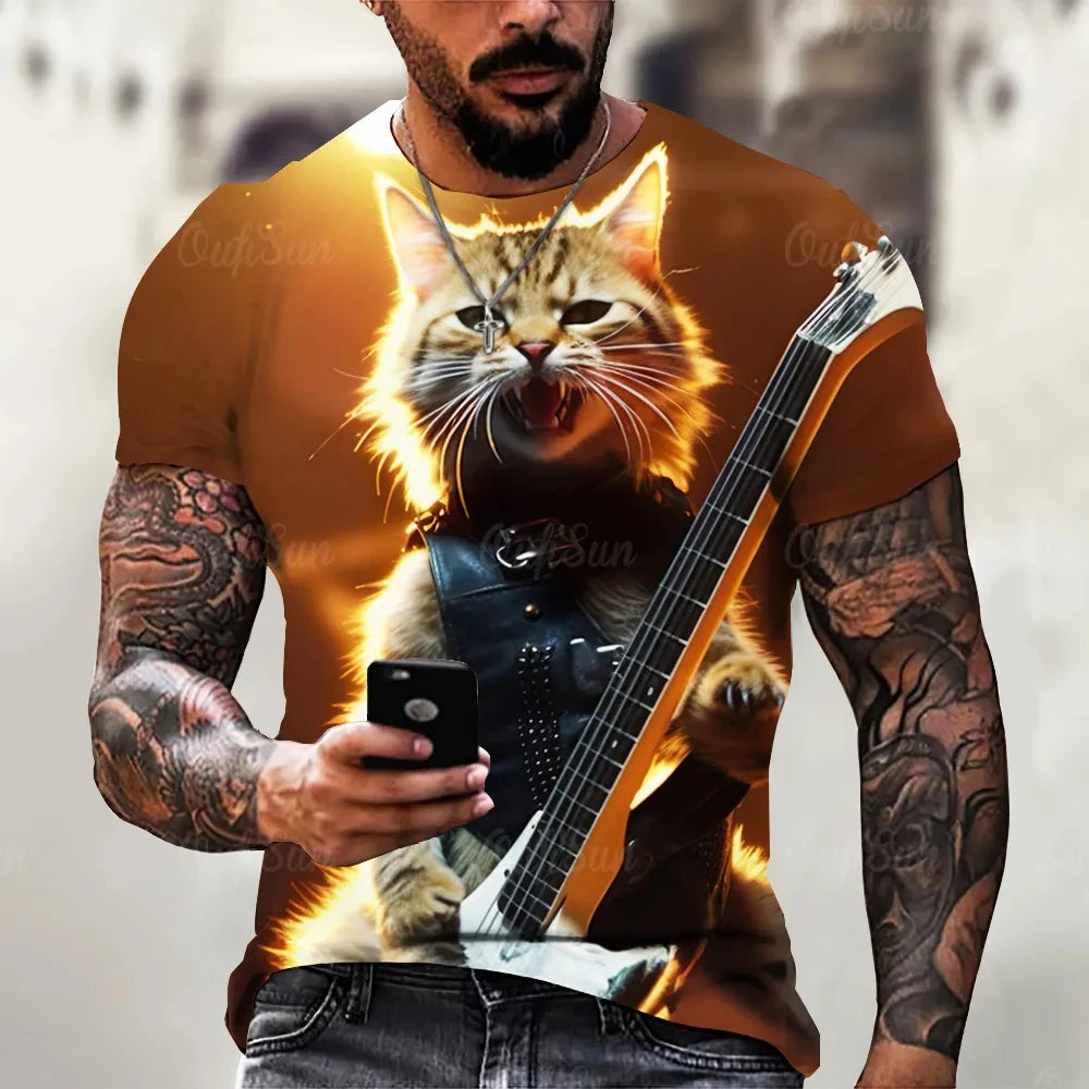 Funny T Shirt For Men Summer Short Sleeve Animal T-Shirts Rock Metal Cat 3d Print Fashion Casual Street Oversized Men's Clothing - Premium T-Shirt from Lizard Vigilante - Just $22.99! Shop now at Lizard Vigilante