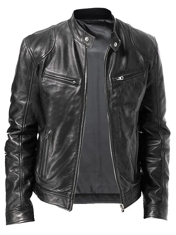 Men's PU Leather Motorcycle Jacket – Slim Biker Windbreaker with Pillow Collar - Premium jacket from Lizard Vigilante - Just $58.88! Shop now at Lizard Vigilante