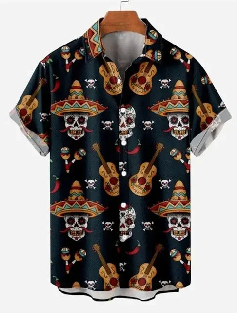 Men's Shirt Skull Guitar Hawaiian Lapel Button Top Beach Casual and Comfortable Short-Sleeved Shirt Style - Premium shirt from Lizard Vigilante - Just $20.99! Shop now at Lizard Vigilante