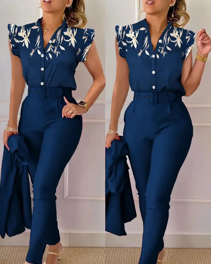 Women's Elegant Floral Slim Two-Piece Set - V-Neck Flying Sleeve Top & High-Waist Pencil Pants with Sash Belt - Premium suit from Lizard Vigilante - Just $38.88! Shop now at Lizard Vigilante