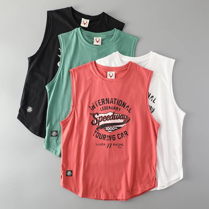 2025 Summer American Retro Sleeveless O-Neck Letter Print T-Shirt – 100% Cotton Men’s Basketball Sports Casual Vest - Premium tee from dsers - Just $30.99! Shop now at Lizard Vigilante