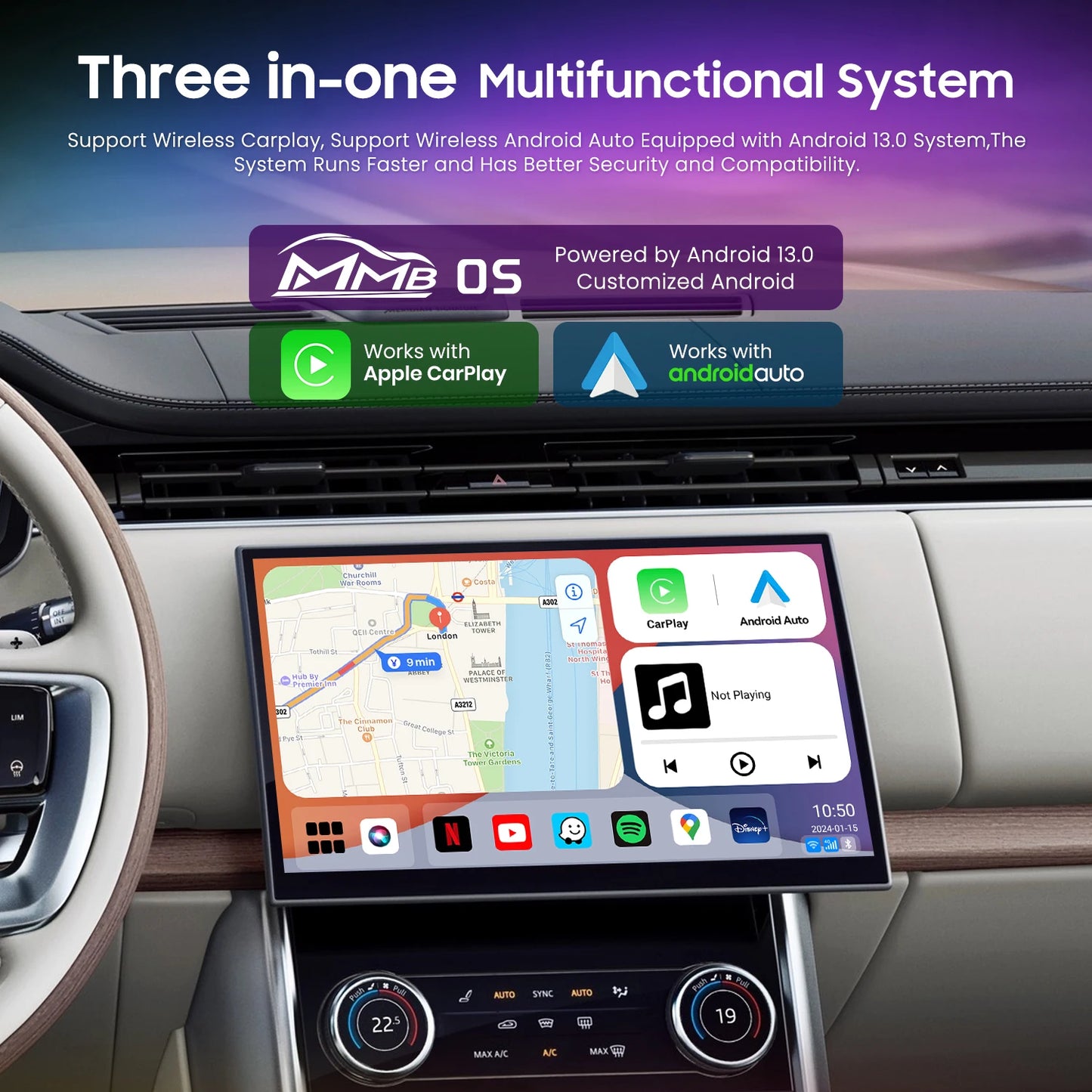 MMB MAX 5.0 “Road Riot AI Box” — Android 13, 8-Core QCM6225, Wireless CarPlay & Android Auto, Split-Screen GPS, 8GB+128GB, Netflix/YouTube