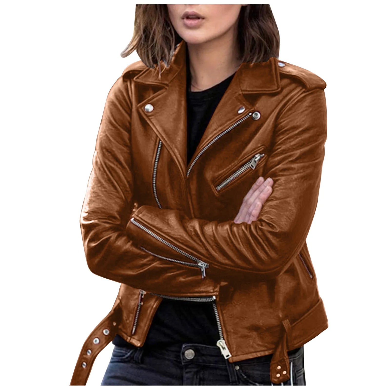 Women's Fashion Faux Leather Moto Biker Jacket - Long Sleeve Zipper Leather Coat - Premium jackets from Lizard Vigilante - Just $44.88! Shop now at Lizard Vigilante