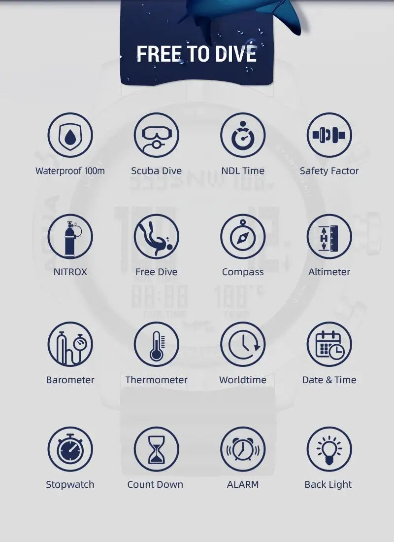 Men Dive Computer Watch Waterproof 100M Smart Digital Free Diving Watches Barometer Compass Temperature Clock