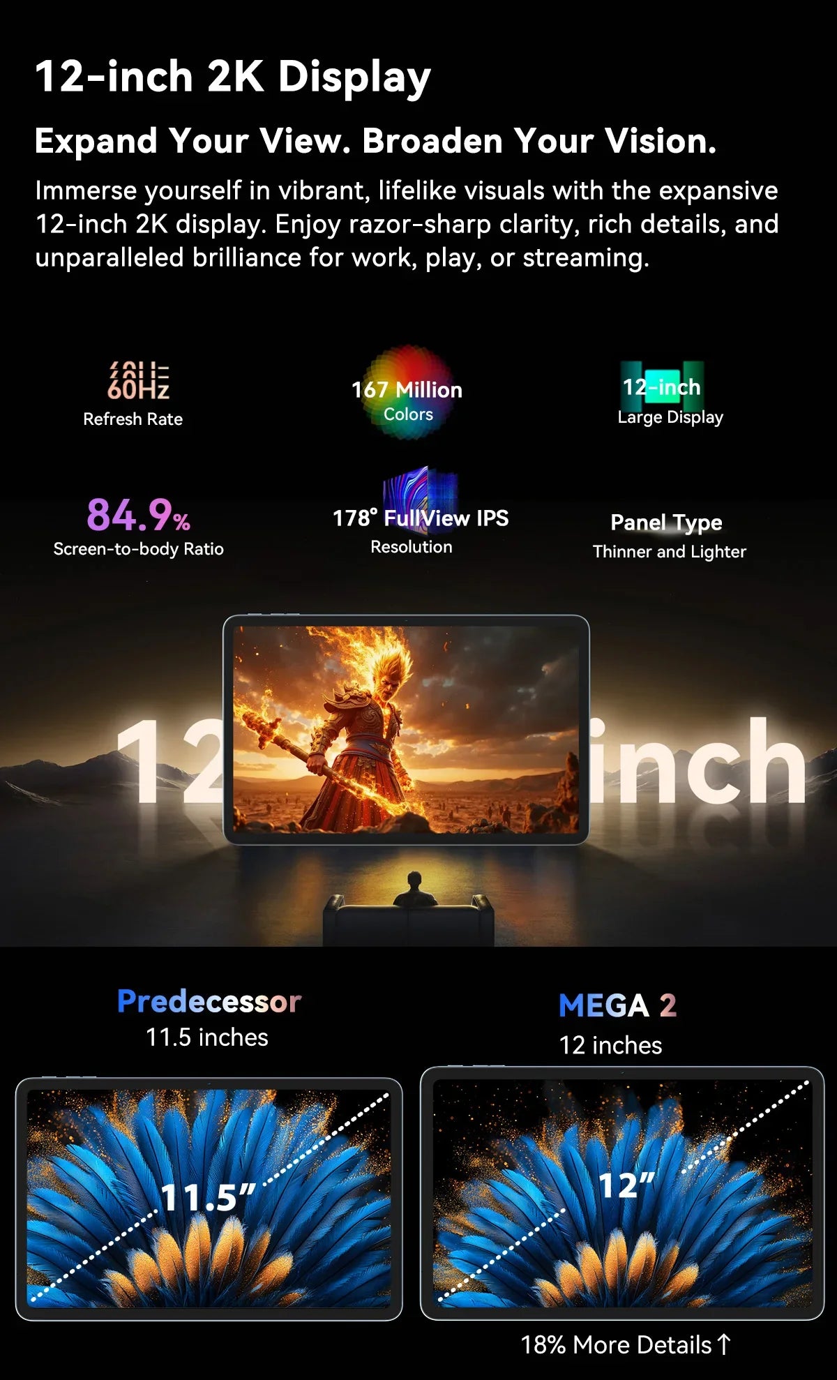 Blackview MEGA 2 Tablets 12 inch 2K Display Widevine L1 24GB(8+16) Android 15 256GB 9000mAh AI Main Camera Pad PC