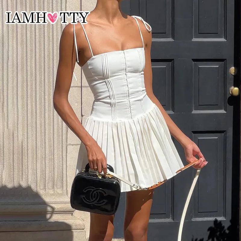 IAMHOTTY Party Holiday A-line Pleated Sleeveless Corset Dress White Buckle Up Lace-up Straps Chic Mini Dresses High Streetwear - Lizard Vigilante