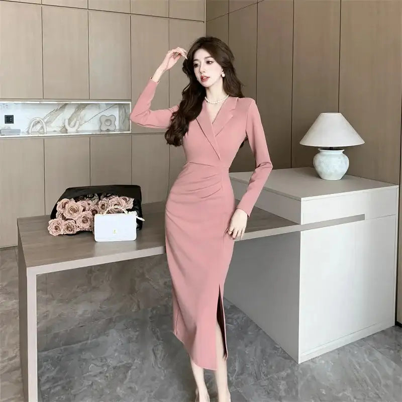 Women Pink Pleated Bodycon Formal Long Dress Autumn Winter Long Sleeve Chic Suit Dress 2025 Korean Fashion Elegant Party Dresses