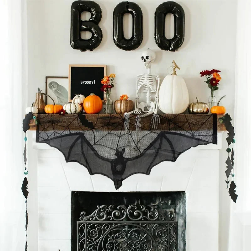 Halloween Decoration Bats Tablecloth Black Lace Spider Web Curtains for Lampshade Fireplace Halloween Party Decor Horror Props