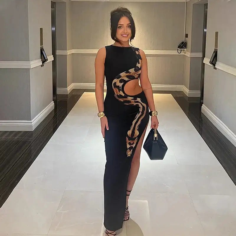 Tossy Python Printed Hollow Out Maxi Dress Female Slim Sexy Side Split Sleeveless Contrast Summer Party Dress Women's Long Dress