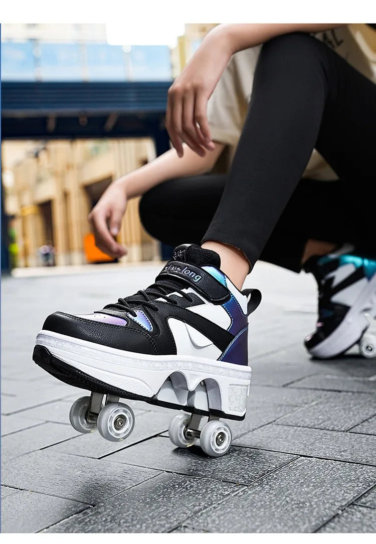 Riot Glide Pop-Up High Tops — 4-Wheel Dual-Purpose Roller Sneaker Boots (Automatic Deploy Wheels)