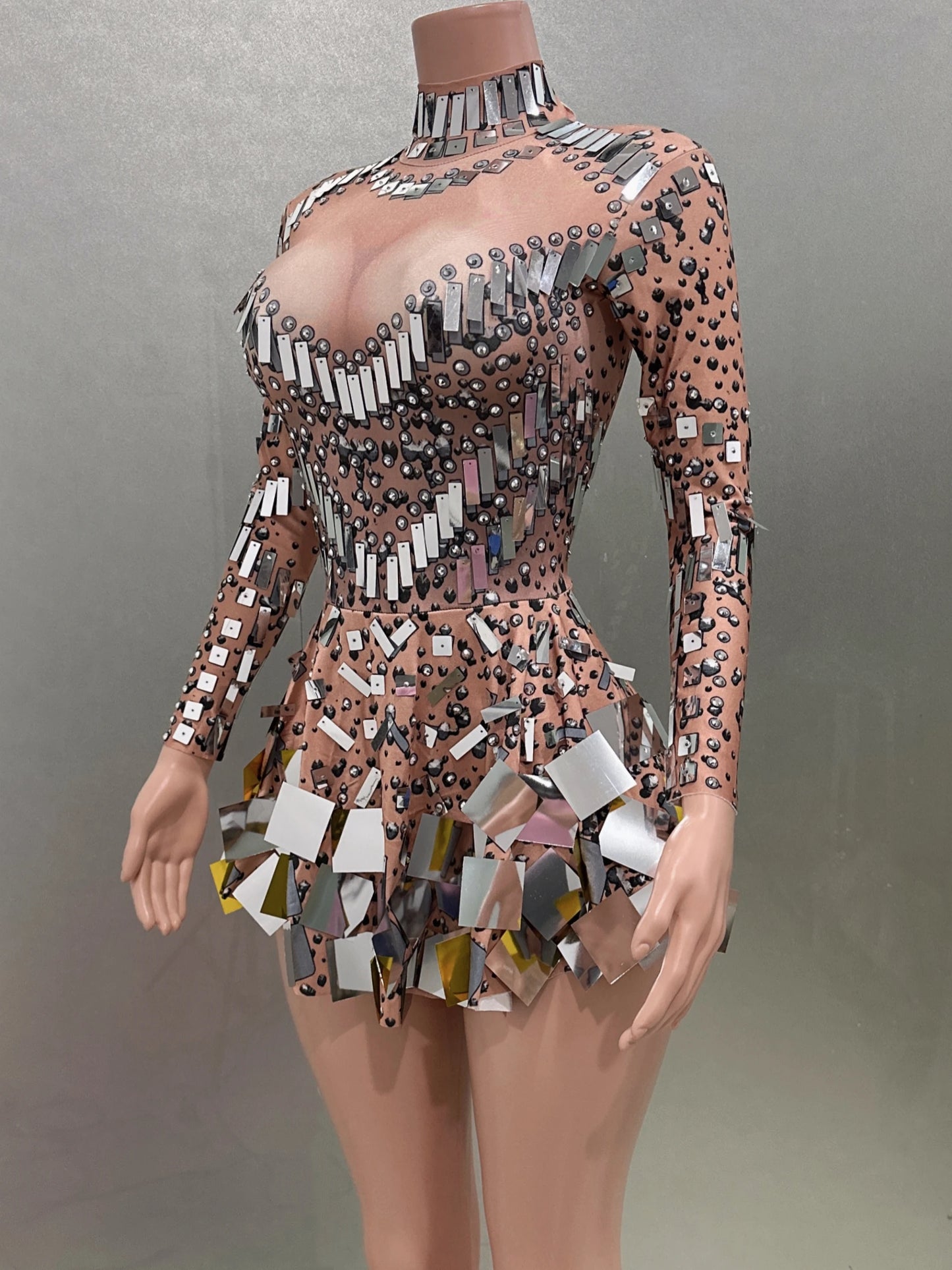 Flashing Sequined Khaki A-Line Dress Bodysuit – Sexy Evening Party Performance Costume - Premium costume from Lizard Vigilante - Just $78.88! Shop now at Lizard Vigilante