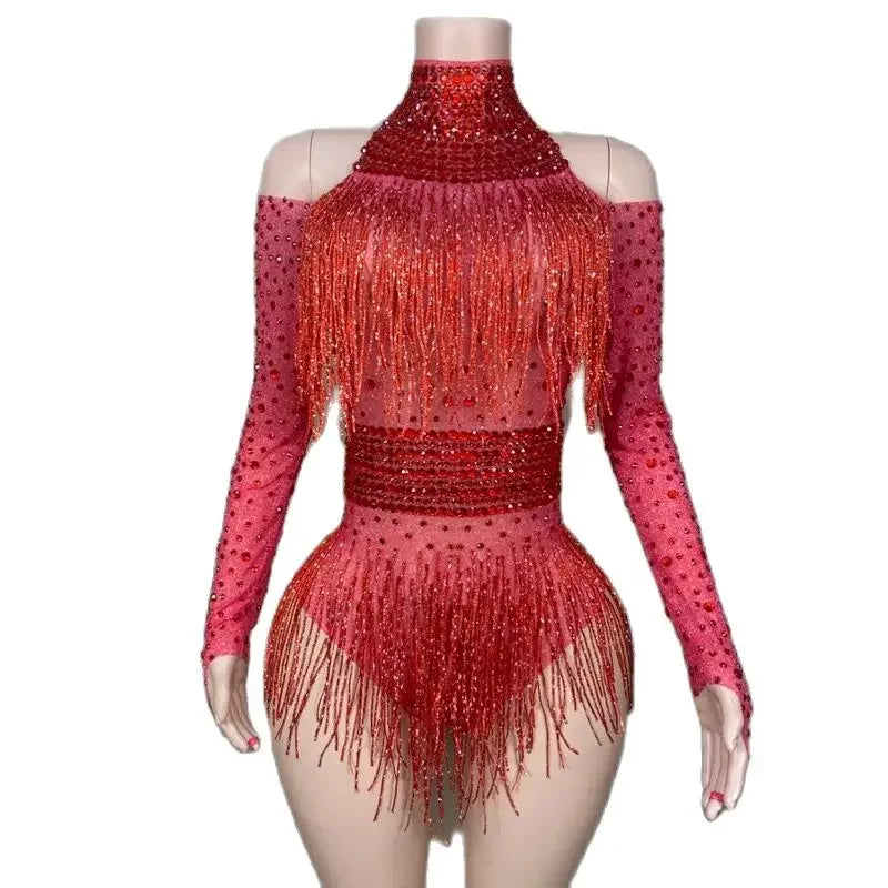 Red Rhinestone Fringe Bodysuit - Dazzle the Stage - Premium  from Lizard Vigilante - Just $98.88! Shop now at Lizard Vigilante