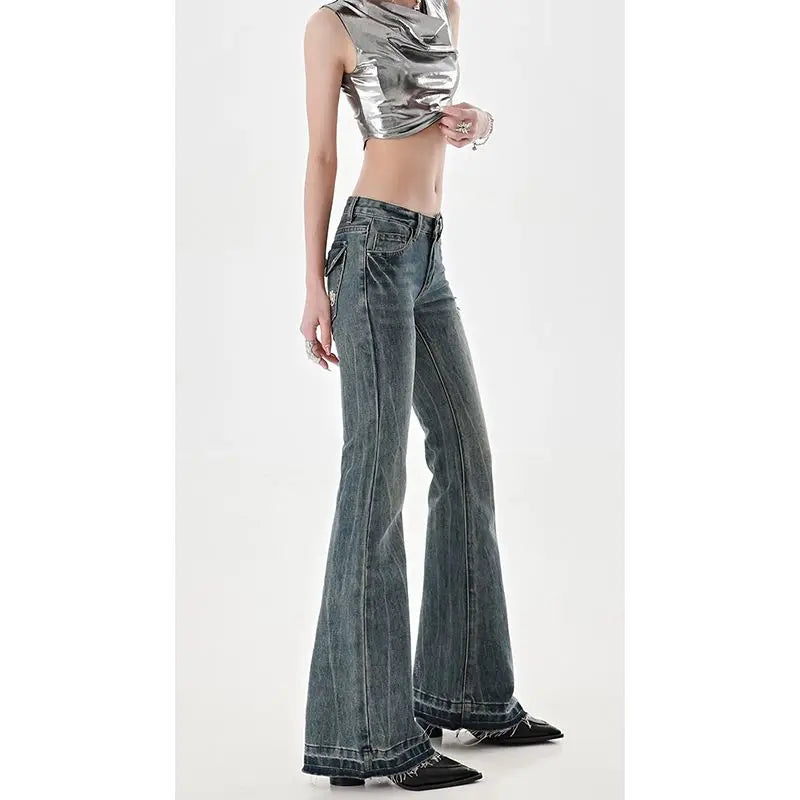 Low Waist Jeans Girls Women Autumn Vintage American High Street Spicy Y2k Design Sense Slim Fit Straight Tube Micro Flare Pants - Premium blue jeans from Lizard Vigilante - Just $52.99! Shop now at Lizard Vigilante