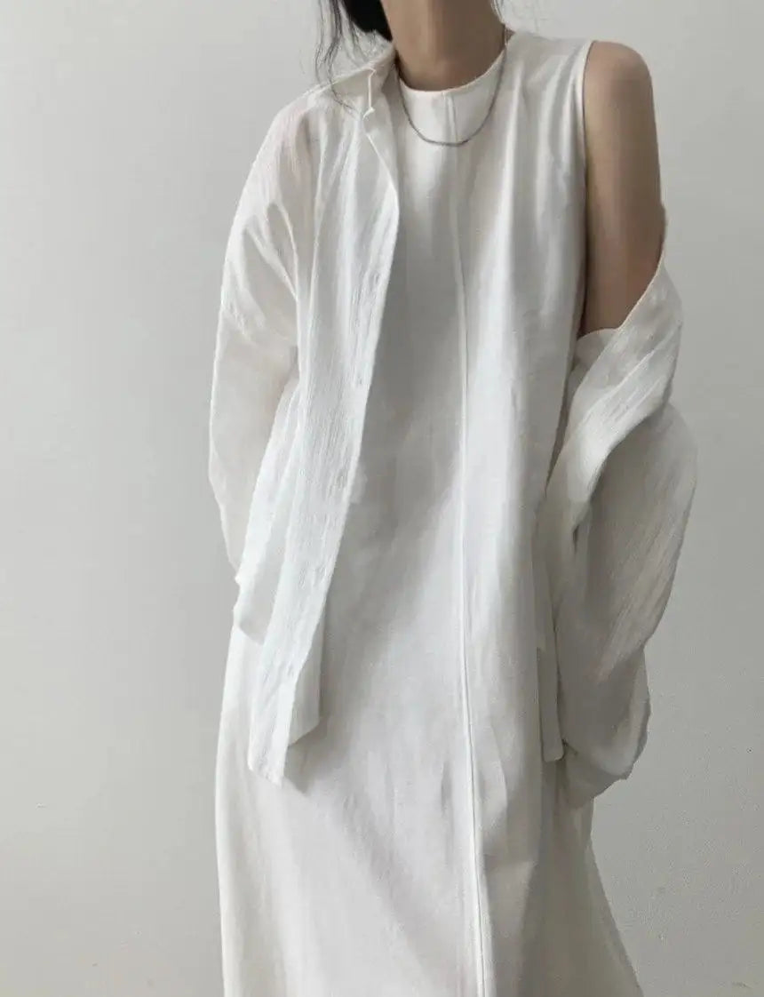2022 Minimalist Chic Loose Swing Sleeveless Mid-length Casual Cotton Linen Long Dress  Round Neck High Waist Women Runway Dress