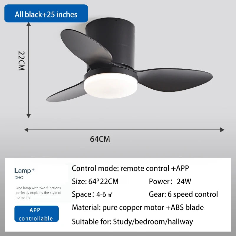 RogueWind HJ-027 Blackout Breeze Engine | 25/42/52-Inch 3-Blade Modern Ceiling Fan Light With APP + Remote + Dimming Rage Mode