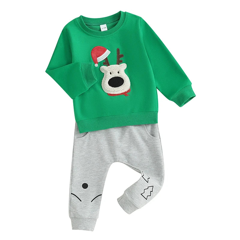 Toddler Boys Christmas Outfit – Santa/Elk Fuzzy Embroidery Long Sleeve Sweatshirt & Pants Set - Premium  from Lizard Vigilante - Just $24.88! Shop now at Lizard Vigilante