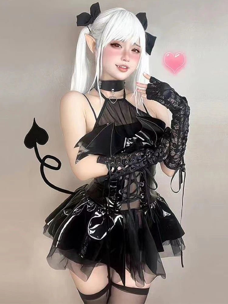 AltGoth Sexy Cosplay Pu Dress Women Harajuku Streetwear Grunge Bandage Hollow Out Bats Dress Punk Y2k E-girl Mall Gothic Clothes - Premium dress from Lizard Vigilante - Just $58.88! Shop now at Lizard Vigilante