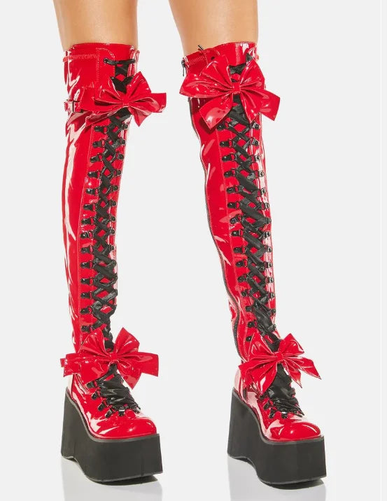 Red Patent Leather Platform Bow Over The Knee Boots – Elevate Your Winter Style! - Premium boots from Lizard Vigilante - Just $166.66! Shop now at Lizard Vigilante