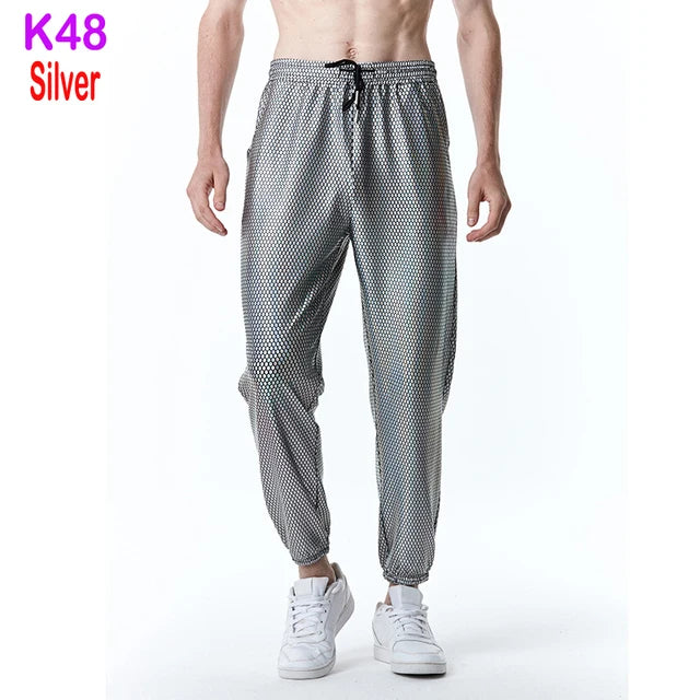 Mens Joggers Metallic Shiny Gold Fish Scales Sweatpants 70s Disco Dance Harem Pants Men Nightclub Stage Party Streetwear Trousers - Premium joggers from Lizard Vigilante - Just $34.99! Shop now at Lizard Vigilante