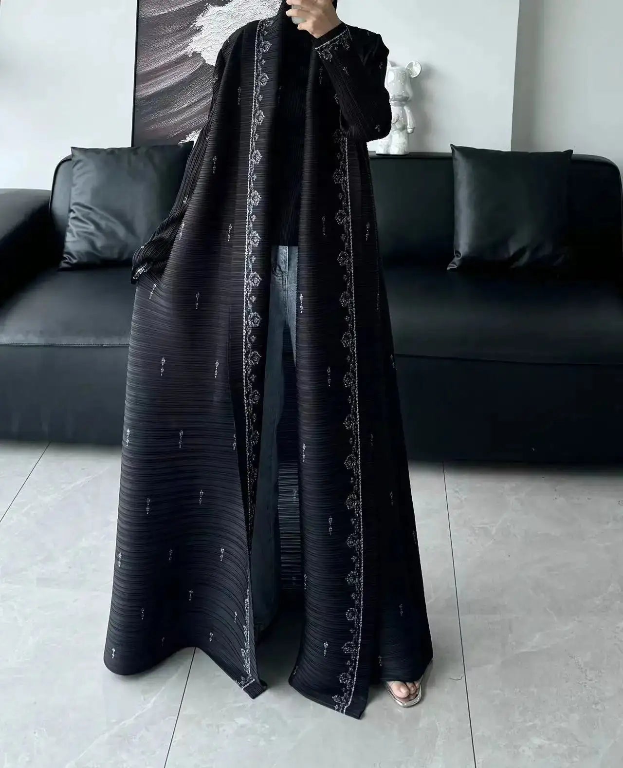 Autumn and Winter New Abaya Fashion Lapel Pleated Long Sleeved Cardigan Windbreaker Jacket Saudi Abayas for Women