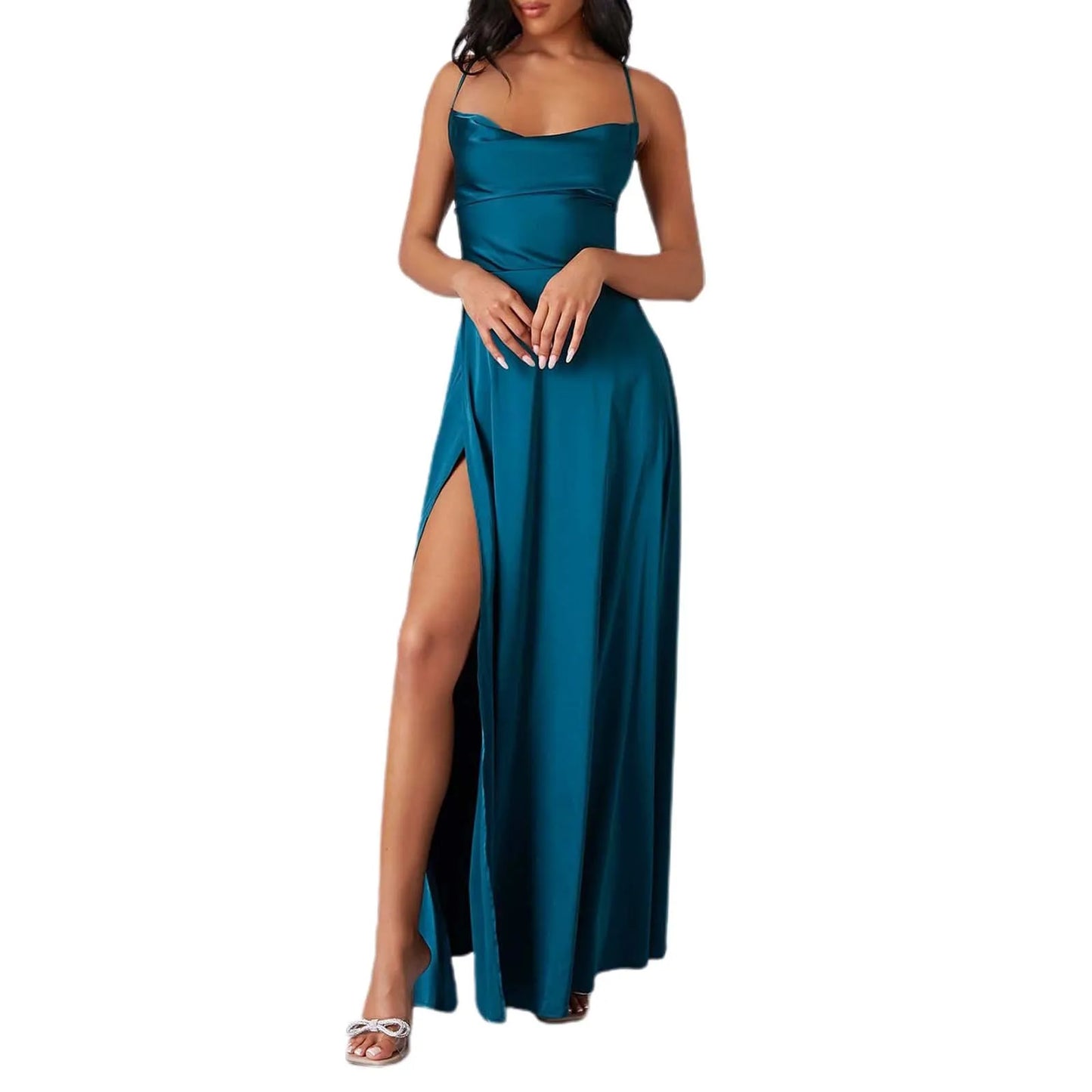 Elegant Women Sexy Satin Prom Dress Summer Sexy Blue High Slits Graduate Evening Long Dress Ladies Backless Lace Up Party Robes - Premium  from Lizard Vigilante - Just $17.99! Shop now at Lizard Vigilante