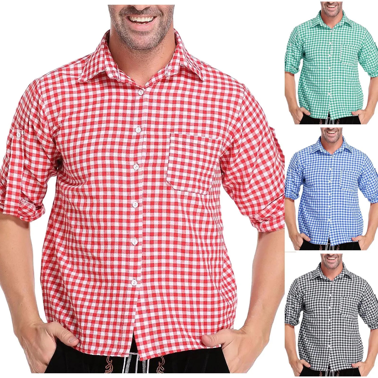 Men’s German Traditional Plaid Shirt – Oktoberfest Casual Beer Shirt with Pockets | Button Down Lapel Long Sleeve Shirt - Premium shirt from Lizard Vigilante - Just $38.88! Shop now at Lizard Vigilante