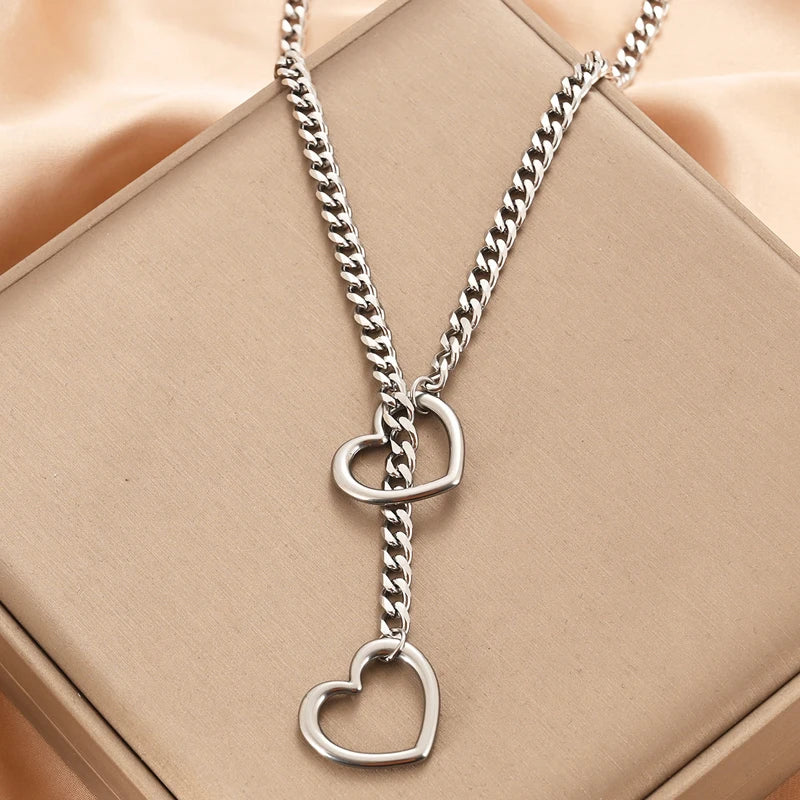 Heart O-Ring Slip Chain Women's Necklace Punk Rock Stainless Steel Cuban Long Necklace Jewelry Adjustable Lariat Y-Necklace Key - Premium Necklace from Lizard Vigilante - Just $19.99! Shop now at Lizard Vigilante