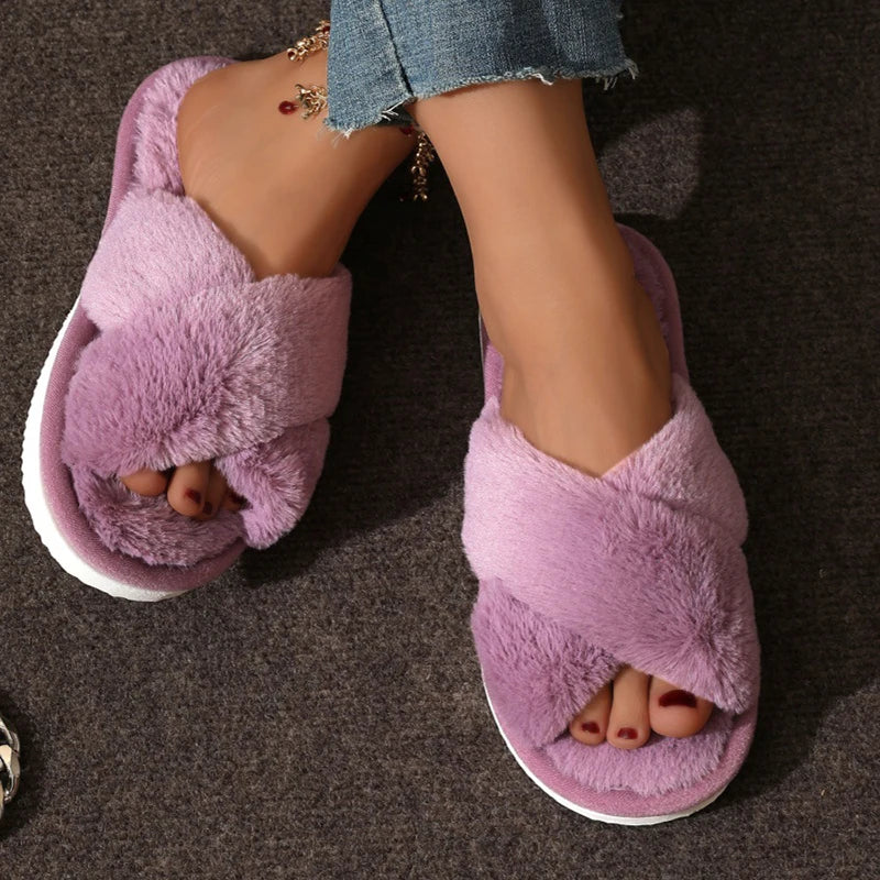 Criss Cross Plush Women’s House Slippers – Fuzzy, Cozy, Stylish Comfort All Winter Long - Premium slippers from Lizard Vigilante - Just $24.88! Shop now at Lizard Vigilante