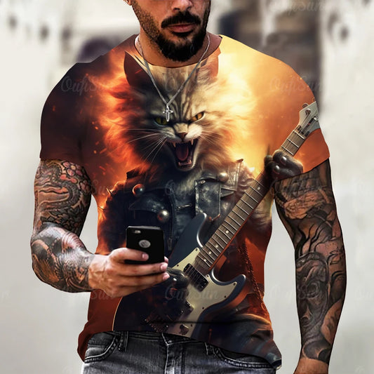 Funny T Shirt For Men Summer Short Sleeve Animal T-Shirts Rock Metal Cat 3d Print Fashion Casual Street Oversized Men's Clothing - Premium T-Shirt from Lizard Vigilante - Just $22.99! Shop now at Lizard Vigilante