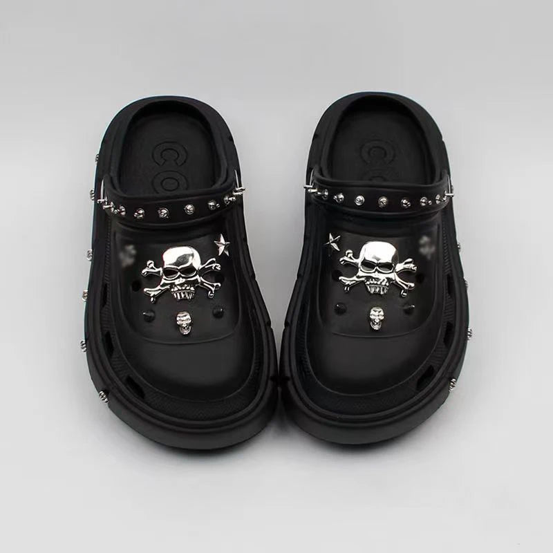 Skull and Crossbones Clogs Punk Women's Sandals Platform Slippers Garden Shoes Heels Metal Skull Charms Wedge Soft EVA Casual Shoes For Female - Premium sandals from Lizard Vigilante - Just $59.99! Shop now at Lizard Vigilante