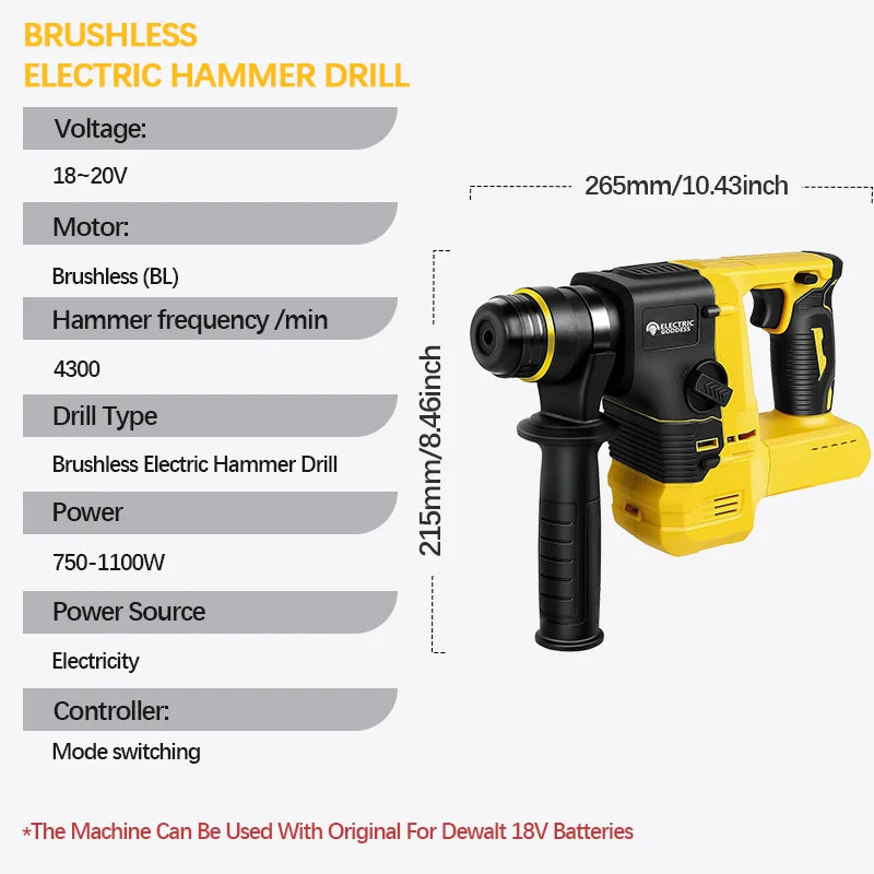 Electric Goddess 20V Cordless Brushless Impact Hammer Drill – Multifunctional, Rechargeable Power Tool for Dewalt Batteries – Drill, Hammer, and Pick Action with Adjustable Modes - Premium  from dsers - Just $161.08! Shop now at Lizard Vigilante