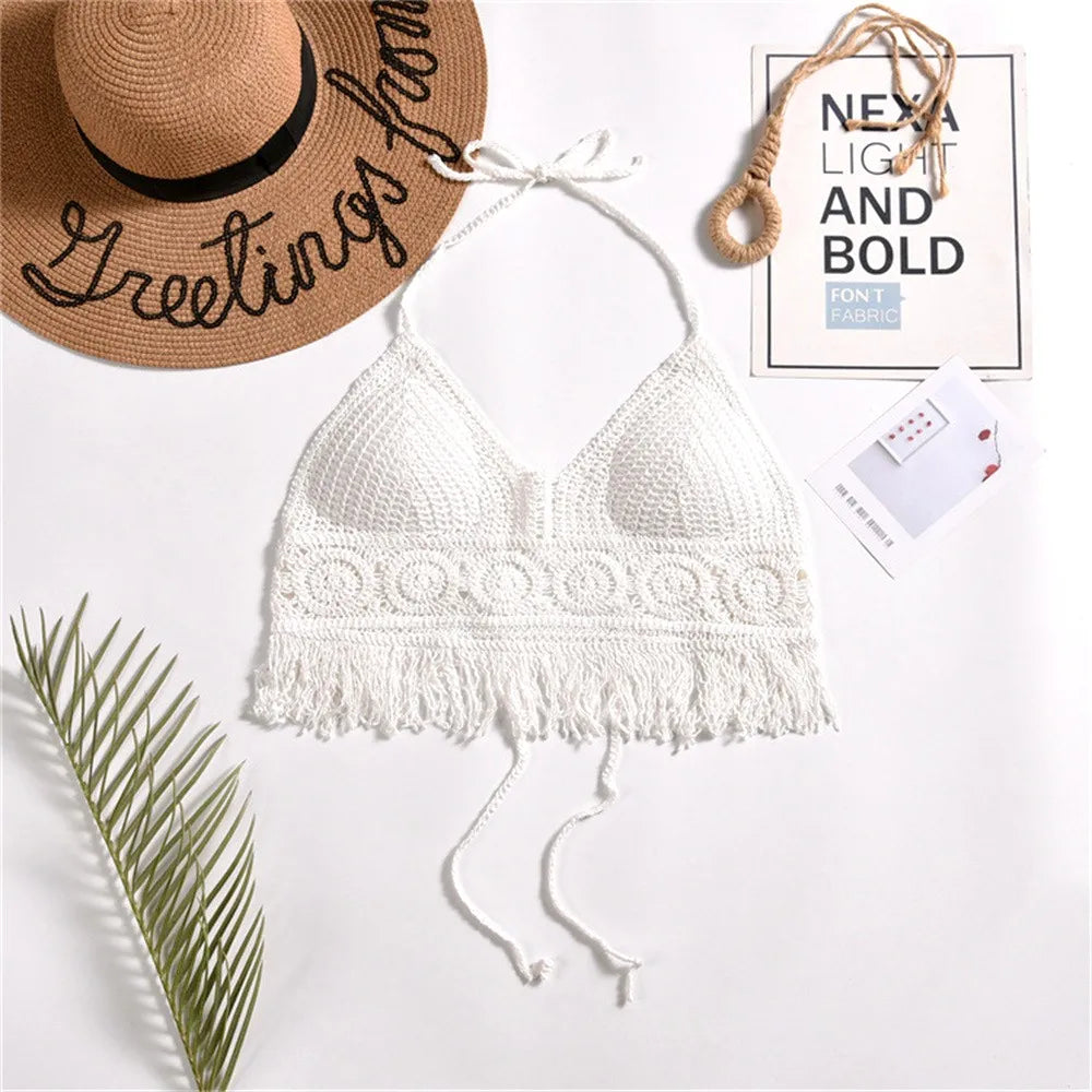 2024 Crop Tops Retro Wild Hollow Perspective Tassel Sexy Spaghetti Strap Tanke Top Women Built In Bra New Back Lace Halter Neck - Premium crop top from Lizard Vigilante - Just $6.99! Shop now at Lizard Vigilante