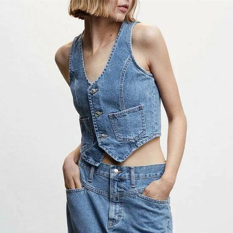 Women's Denim Vest Sleeveless Crop Tops Button Denim Gilet Jacket Casual V Neck Jean Waistcoat Streetwear - Lizard Vigilante