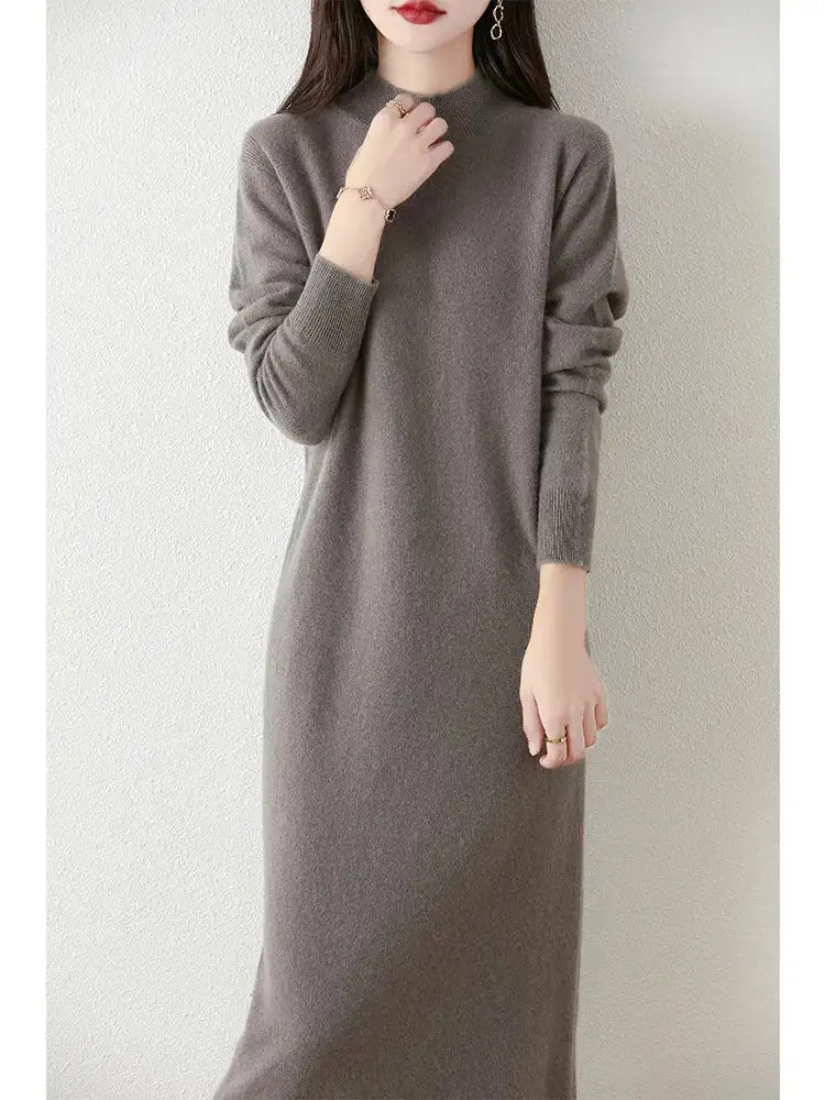 Autumn Winter Women's Wool Long Dress Cashmere Mock Neck Pullover Sweater 100% Merino Wool Soft Knitwear OL Simple Basic Dress