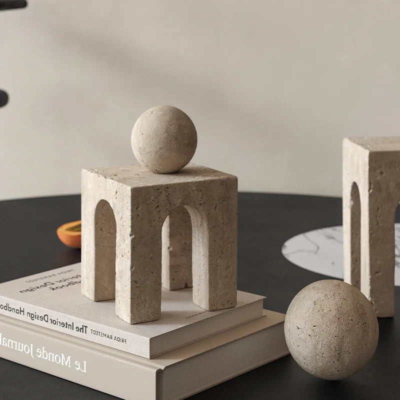 Travertine Sculptures and Figurines Archway Shape Statue for Shelf Coffee Table TV Cabinet Bookshelf Living Room Home Decoration
