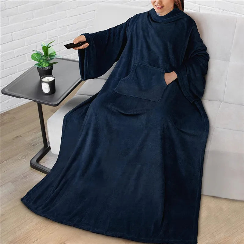 TV Sofa Blanket With Sleeve Flannel Home Wearable Blankets Men Women Multifunctional Lazy Blanket Winter Blue Adult Nap Blanket