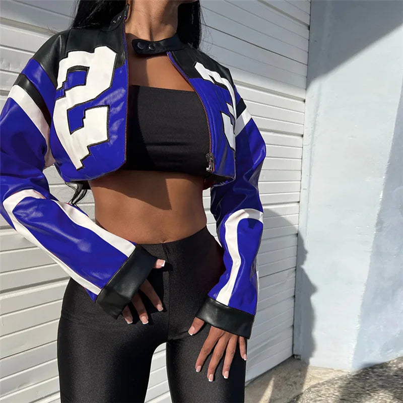 Crop Top Women's Leather Jacket Moto Biker Style Number Print Women's Jacket Fashion Outerwears Women's Moto Biker Zipper Jacket - Premium  from Lizard Vigilante - Just $58.99! Shop now at Lizard Vigilante