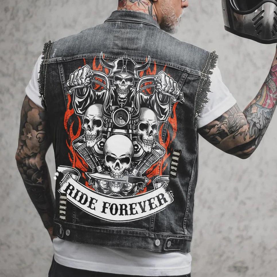 Fire Street Heavy Metal Punk Style Playing Card Ace of Spades Printing Sleeveless Vest Denim Jacket - Lizard Vigilante