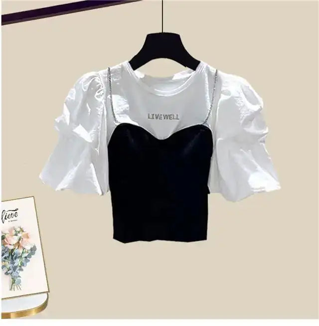 Spring/Summer Set Women's New Korean Edition Sweet and Spicy Bubble Sleeve Spliced Top Age Reducing Half Skirt Two Piece Set