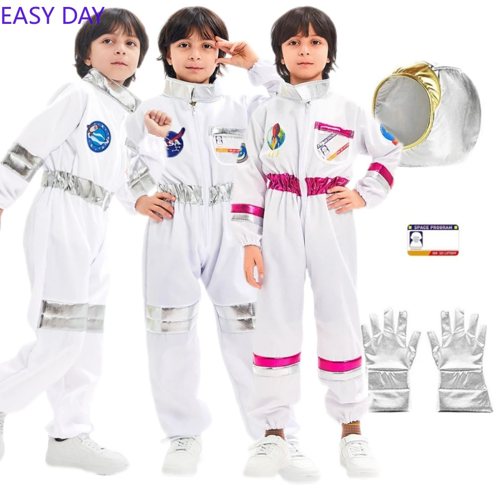 Kids Astronaut Cosplay Jumpsuit Space Party Costume With Gloves White Spaceman Outfit