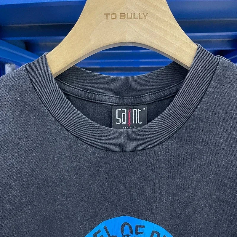 Men Women High Street Vintage Washed Black T-Shirt Top Quality Cototn TEE 3D Cracked Letters Logo Print Saint T Shirt With Tags - Premium  from Lizard Vigilante - Just $64.99! Shop now at Lizard Vigilante